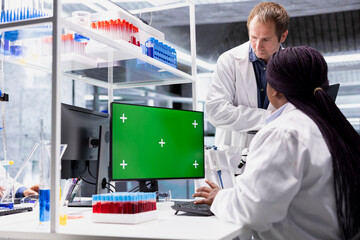 Chroma key display on monitor next to diverse experts in chemistry lab, using laboratory analysis for bioengineering and healthcare technology. Progress in pharmaceutical science.