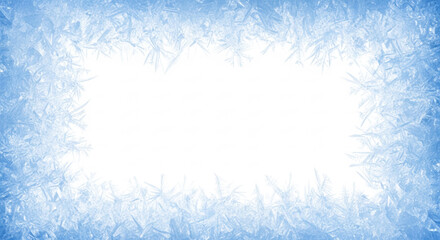 light blue frosty border with intricate, translucent ice crystal patterns, framing a pristine transparent background copy space, detailed macro frost texture under soft studio lighting, elegant winter