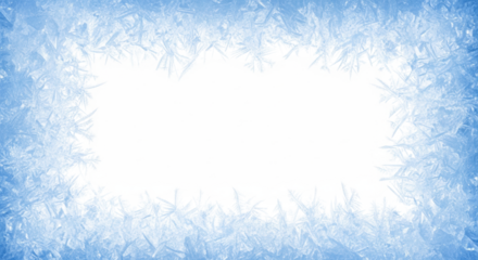 light blue frosty border with intricate, translucent ice crystal patterns, framing a pristine transparent background copy space, detailed macro frost texture under soft studio lighting, elegant winter