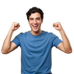 Young man flexing muscles with a joyful smile isolated on transparent background