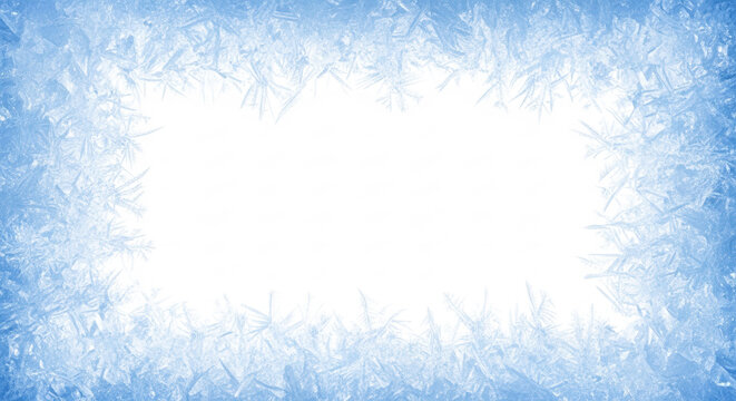 light blue frosty border with intricate, translucent ice crystal patterns, framing a pristine transparent background copy space, detailed macro frost texture under soft studio lighting, elegant winter