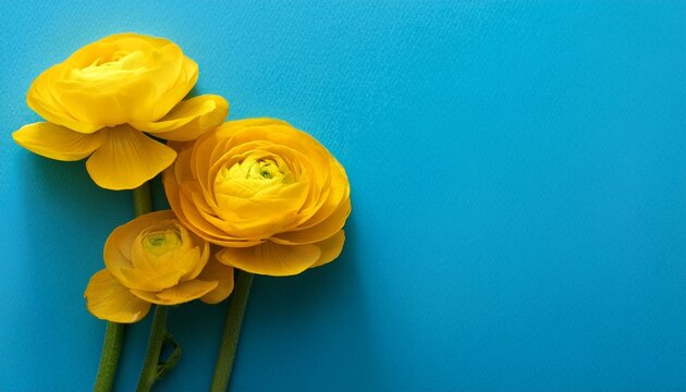 yellow spring flowers on blue paper background ranunculus auricomus or goldilocks buttercup flowers