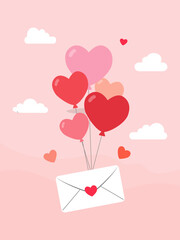 A whimsical graphic illustration of a white envelope with a red heart seal flying in a pink sky, carried by several red and pink heart-shaped balloons.