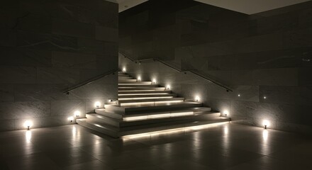 Interior stairway, lit with spotlights.  Smooth, light-grey stone walls and steps