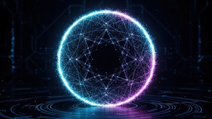 Obraz premium Glowing digital sphere with interconnected lines and particles on dark background