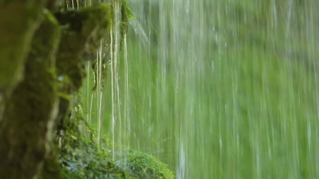 Slow motion close-up footage of fresh, clean spring water as it falls and dribbles on vibrant green mossy rocks. The natural scene captures the abundant, crystal-clear stream flowing through a lush fo