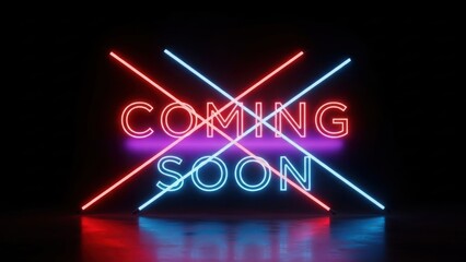 Neon sign says coming soon with crossed bars.