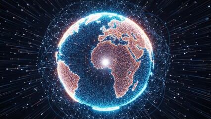 Digital earth with glowing network connections and light streaks.