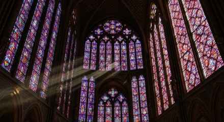 Interior view of a cathedral, with vibrant stained glass windows illuminated by sunlight
