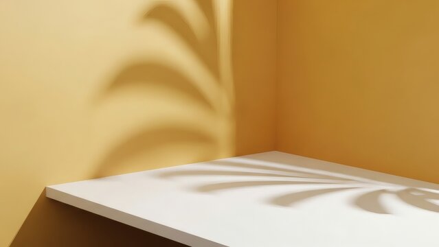 An empty corner with warm yellow walls and a white surface displaying crisp shadows of large split leaf patterns cast by natural light