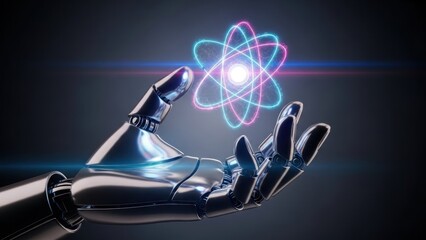 Robot hand holds glowing atom model against dark background