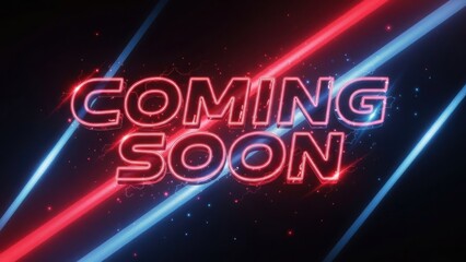 Neon text "COMING SOON" with abstract light streaks and particles.