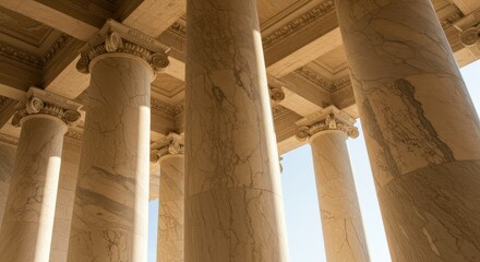 Interior view of a grand hall with numerous pillars. Sunlight streams through the columns, illuminating the intricate carvings and textures of the stonework