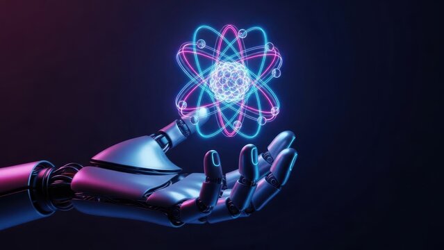 Robot hand holds glowing atomic model against dark background. - Powered by Adobe