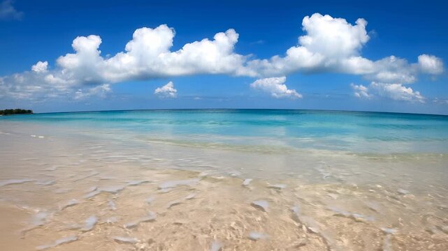 Serenely unfolding seascape featuring gentle wave crashing onto sandy beach against brilliant blue ocean backdrop with fluffy white clouds drifting lazily across sky, capturing essence of.