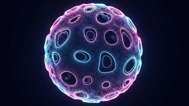 Abstract glowing sphere with holes in dark background - Powered by Adobe