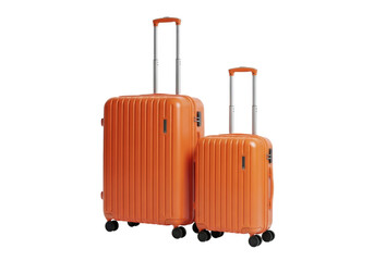 Two vibrant orange hardshell plastic suitcases, one large with extended handle and one small with retracted handle, both with black spinner wheels, against a seamless pure bright white studio