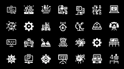 DevOps icon collection, containing software development, deployment, operate, monitor, testing, collaboration and more. Solid vector icons set. Stock Vector