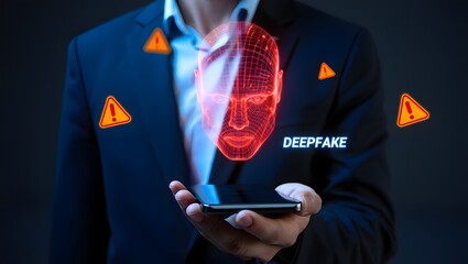Warning concept of deepfake technology and facial recognition misuse, showing cybersecurity threats, digital identity fraud, and the risks of AI-generated face manipulation in online systems. 