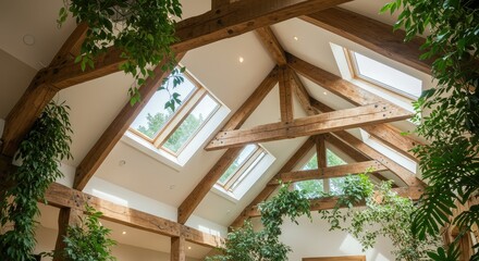Interior view of a large room with a high wooden beamed ceiling, lots of plants, and skylights. Sunlight streams in