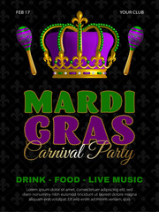 mardi gras party background with gold beads, maracas and king crown. carnival party poster © Angelica