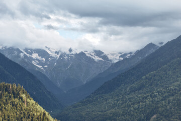 Majestic mountain landscape with forested slopes and distant snow capped peaks under a cloudy sky, conveying a serene expansive nature scene suitable for travel and outdoor features
