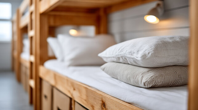 Cozy hostel dormitory with wooden bunk beds for budget travel accommodation