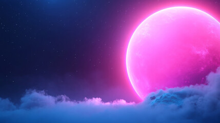 Surreal cosmic landscape featuring neon pink mars-like planet with turquoise ice caps