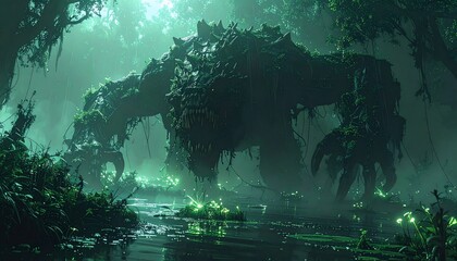 A gigantic, moss-covered swamp creature emerges from a misty, vibrant green swamp