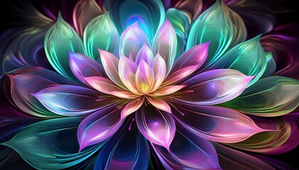 iridescent fractal flower with layered translucent petals in pink blue green and purple radiates from the center forming a mesmerizing symmetrical abstract composition full of depth and motion
