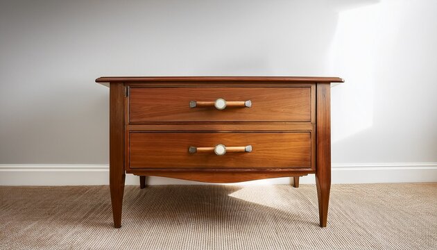 classic wooden nightstand with two drawers and open shelf featuring a warm brown finish round metal knobs and tapered legsmperfect for elegant bedroom or living room interiors