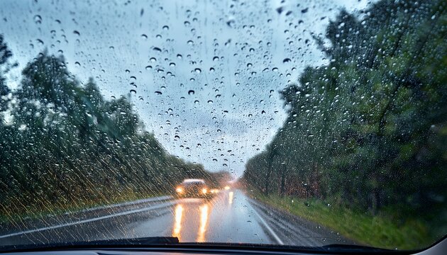 a rainy day view from inside a car with raindrops on the windshield and blurred headlights of oncoming traffic on a wet road lined with trees
