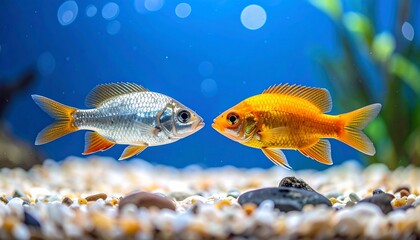 Two vibrant fish of contrasting colors face each other in a clear aquarium
