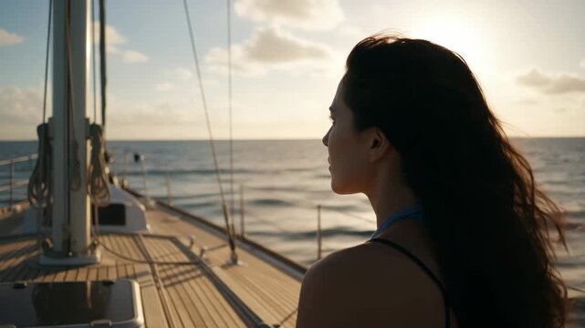 Caucasian female adult enjoying a peaceful sunset cruise on a luxurious sailboat. Her hair blows gently in the wind as she looks out at the vast ocean