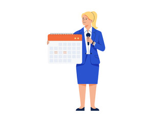 A businesswoman holding a calendar and microphone for planning and presentation