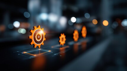 Gears icon on screen business display industrial process automation interface RPA technology concept platform workflow optimization system mechanical integration