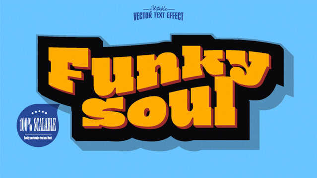 Retro 70s style bold 3d warped close up funky soul text effect on blue background with long shadow playful typographic