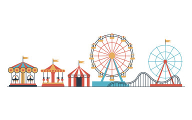A colorful illustration of an amusement park with various rides and attractions.