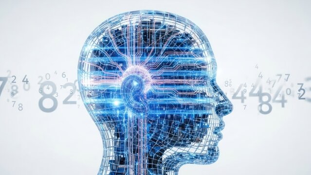 Wireframe head silhouette with glowing circuits and floating numbers. - Powered by Adobe