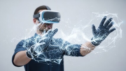 Man wearing virtual reality headset interacts with digital network projection