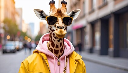 A giraffe wearing sunglasses, hoodie, and jacket in an urban setting, portrait