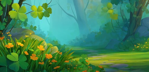 Illustrated magical path through vibrant forest, lush green foliage, misty teal background