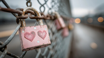 A close-up of a pink padlock adorned with heart designs, attached to a chain link fence. The blurred background creates a dreamy, romantic atmosphere.