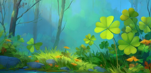 Four-leaf clovers glowing in a vibrant magical forest, tranquil and mystical atmosphere, stylized digital illustration