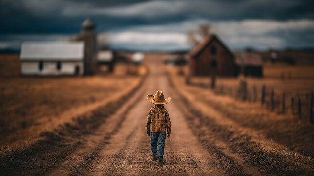 A young cowboy walks down a dusty road, surrounded by rustic farms under a dramatic sky, embodying the spirit of the wild west.