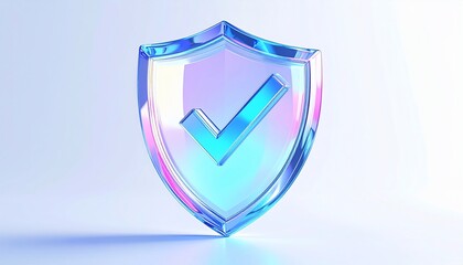 Iridescent, translucent shield with checkmark inside, against a light gradient