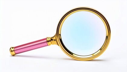 A pink-handled, gold-rimmed magnifying glass on a white surface, with a slight blue tint