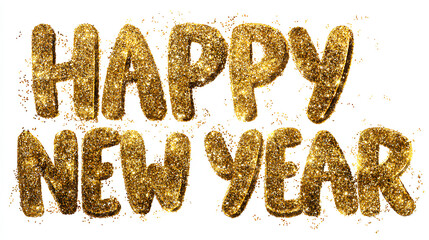 Happy New Year text in decorative gold sparkle, an isolated element ideal for use on greeting cards, social media posts, festive invitations, or digital banners Stock Illustration white background