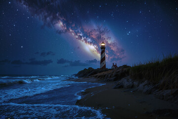 Lighthouse on a dark, rocky coast at night, illuminated by the milky way and stars, tranquil ocean waves breaking on the shore