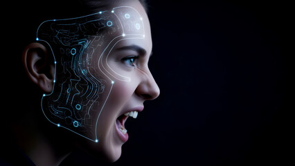 Profile Woman Shouting with Glowing Digital Pattern view blue circuit overlaying face neck intense image